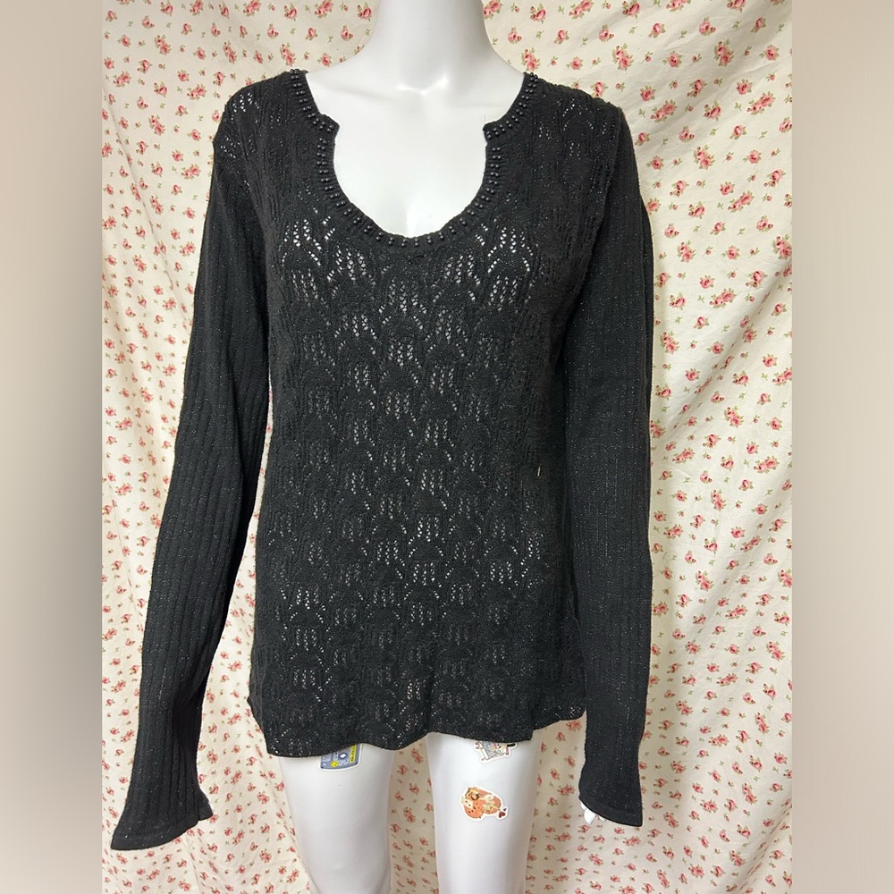 Black Open Knit Whimsigoth Sweater with Beaded Neckline and Sparkly Thread